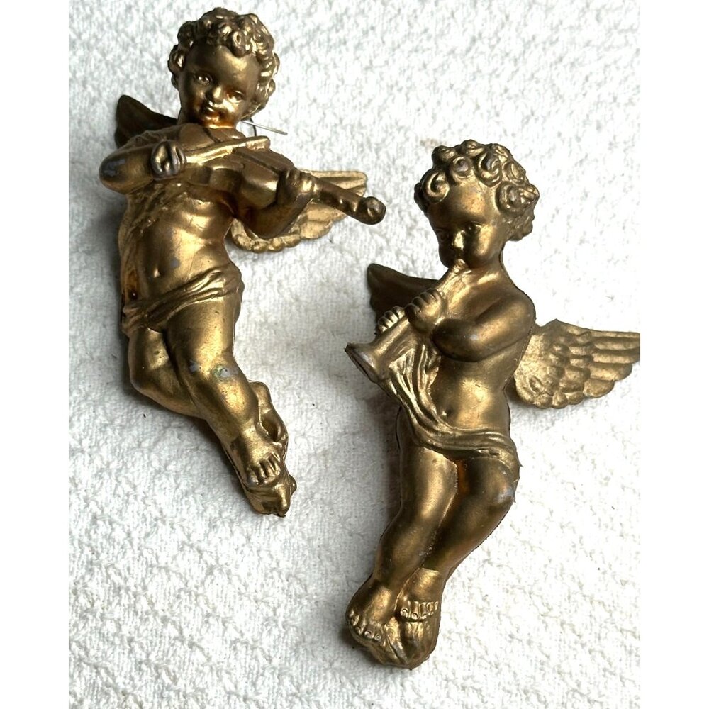Gold Cherub Plastic Tree Ornaments Hanging Set Musical Instrument Christmas VTG